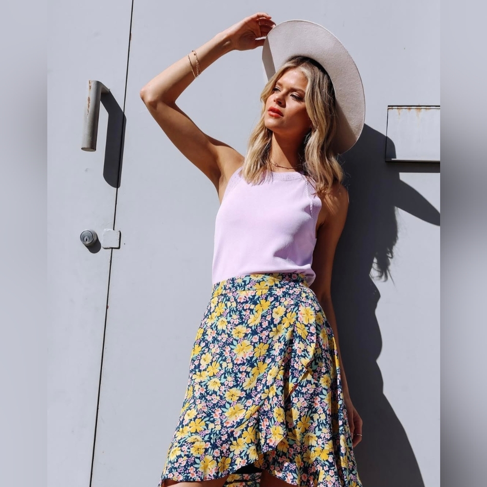 Skies Are Blue Yellow and Blue Asymmetrical Wrap Midi Skirt